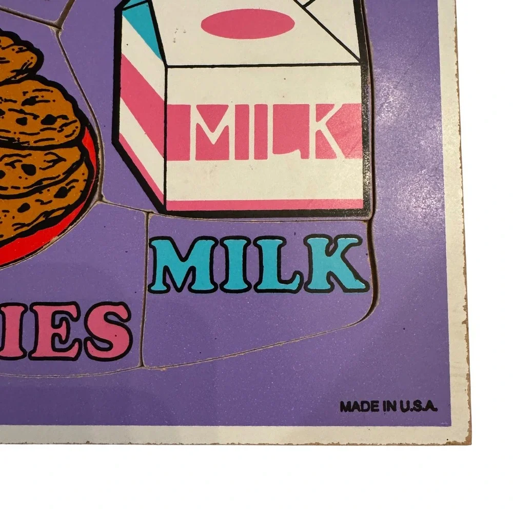 Playskool 1987 Super Snacks Pizza Hotdog Cookies Milk Wooden Puzzle 8‎ Pieces